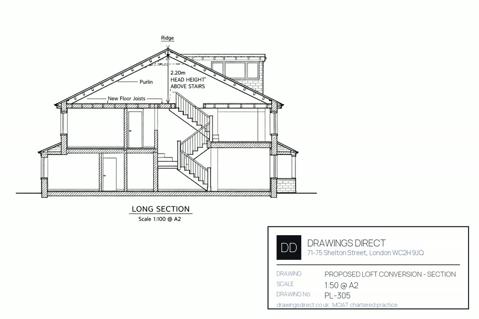 Sheet from a loft conversion drawings package drawn for a London home, showing the existing and proposed arrangement at scale with dimensions and annotations
