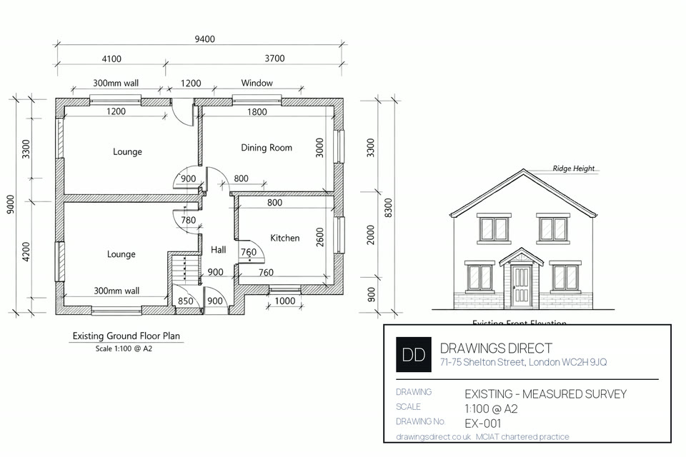 Sheet from a floor plans package drawn for a London home, showing the existing and proposed arrangement at scale with dimensions and annotations