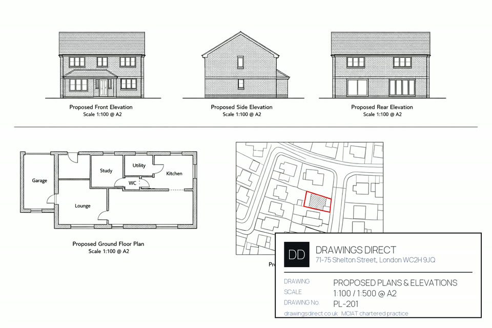 Sheet from a planning drawings package drawn for a London home, showing the existing and proposed arrangement at scale with dimensions and annotations