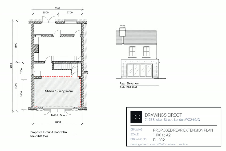 Sheet from a double storey extension drawings package drawn for a London home, showing the existing and proposed arrangement at scale with dimensions and annotations