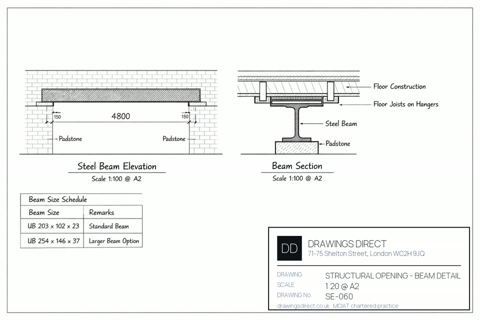 Sheet from a structural drawings package drawn for a London home, showing the existing and proposed arrangement at scale with dimensions and annotations