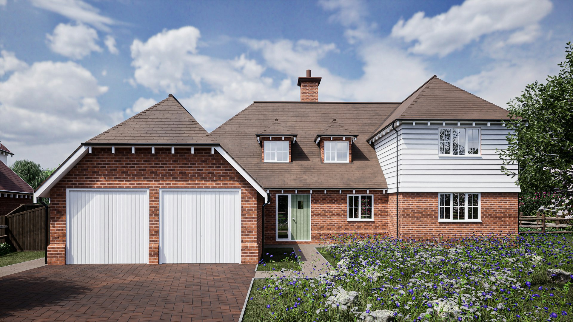 Render of a new build London house on an infill plot with contemporary brick and glazing