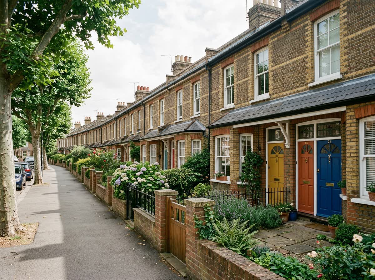 Street of London brick terraced houses
