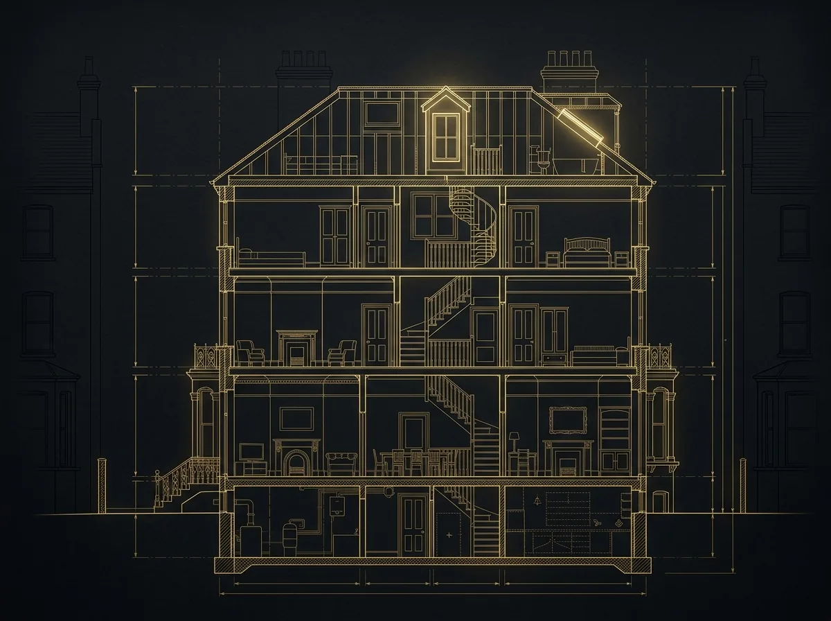 Detailed architectural blueprint of a London home extension with dimensions and annotations