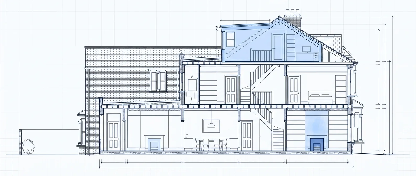 Blueprint-style measured survey drawing of a London property's existing plans and elevations